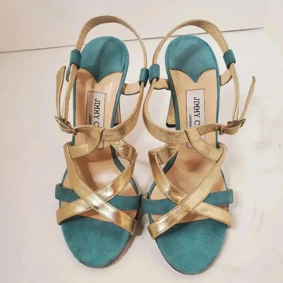 Jimmy Choo Gold and Teal Higheel Sandals Size 36.5 - Picture 2 of 7